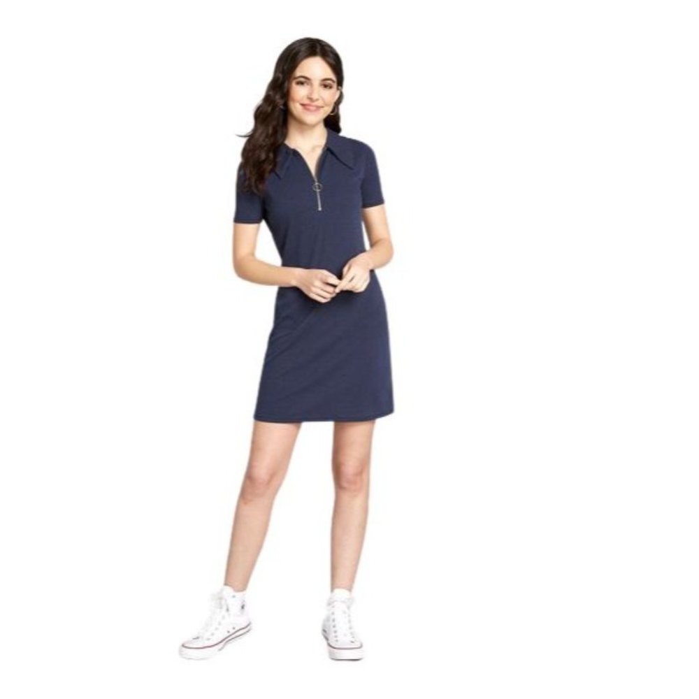 Modcloth Size M Ribbed Mini Dress Collar Neck 3/4 Zip Navy